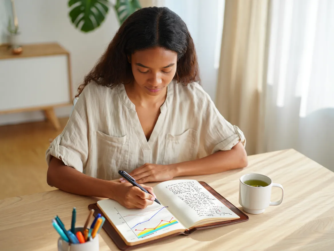 Person journaling at a calm desk setting while mapping daily energy patterns