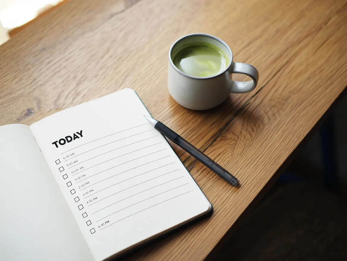 Notebook with a daily planning layout next to a cup of tea on a wooden surface